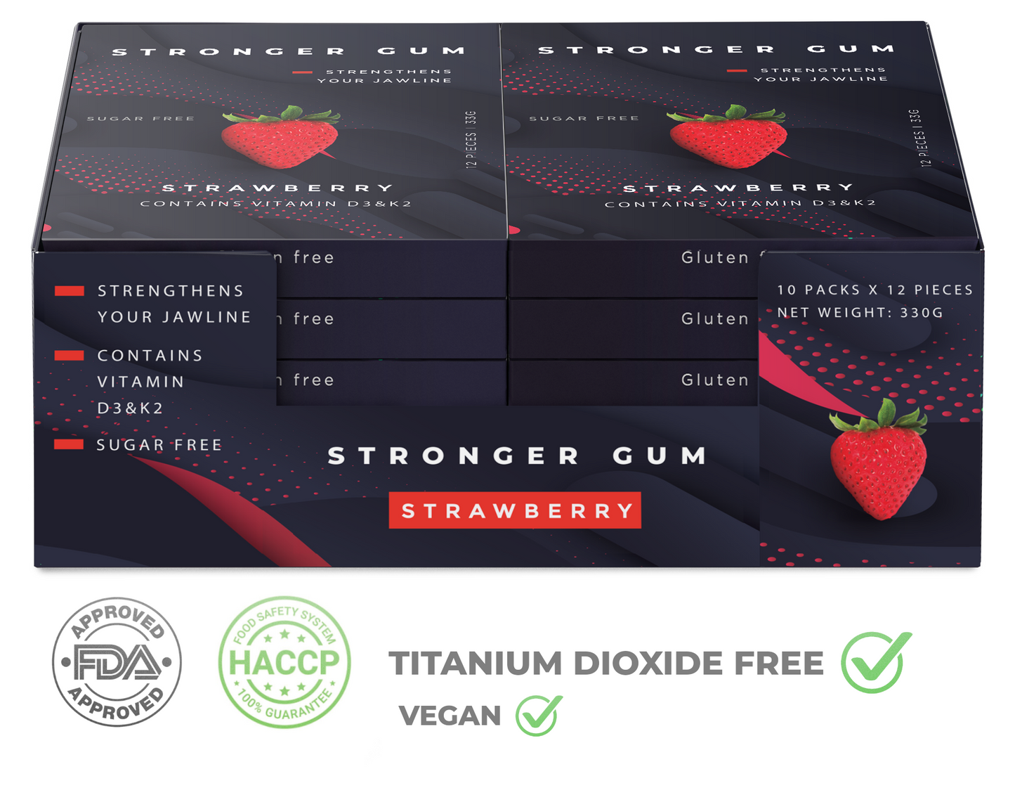 Regular: Sugar Free Strawberry, 120 pieces (330g) - Hard gum | Specific Shore Rigidity for Jaw Growth